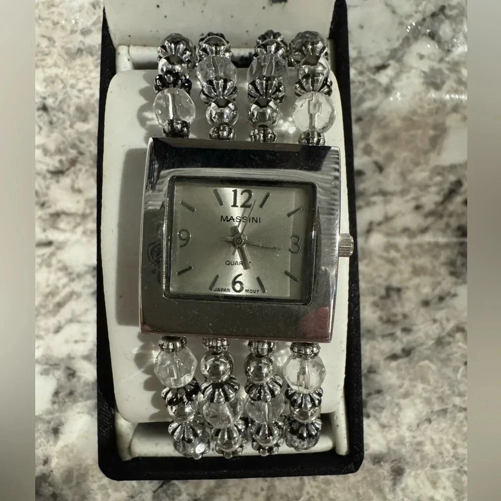 Massini Silver Elastic Beaded Bracelet Watch. New in Box